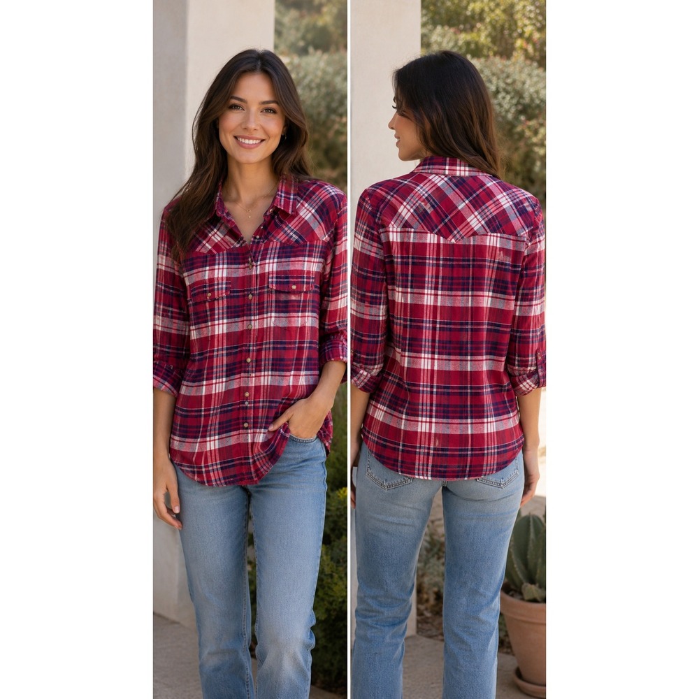 Jachs Girlfriend Red Plaid Button Down Flannel Shirt Small Comfort Stretch